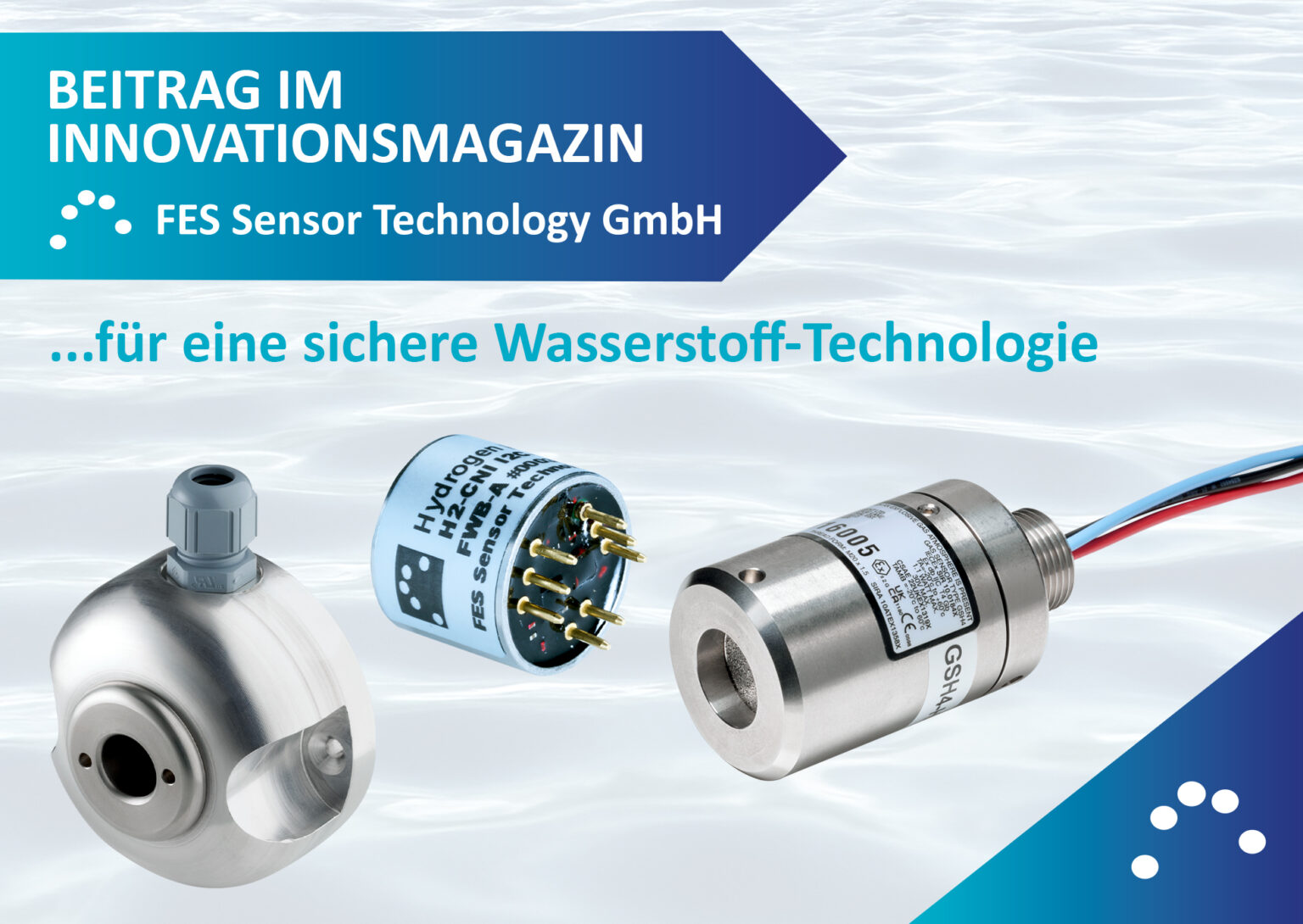 Das Bild bewirbt einen Beitrag über sichere Wasserstoff-Technologie im Innovationsmagazin "Sensor+Test". Auf dem Bild ist ein Wasserstoffsensor der Firma FES abgebildet zusammen mit einem APEX-Schutzgehäuse und einer Wandhalterung.